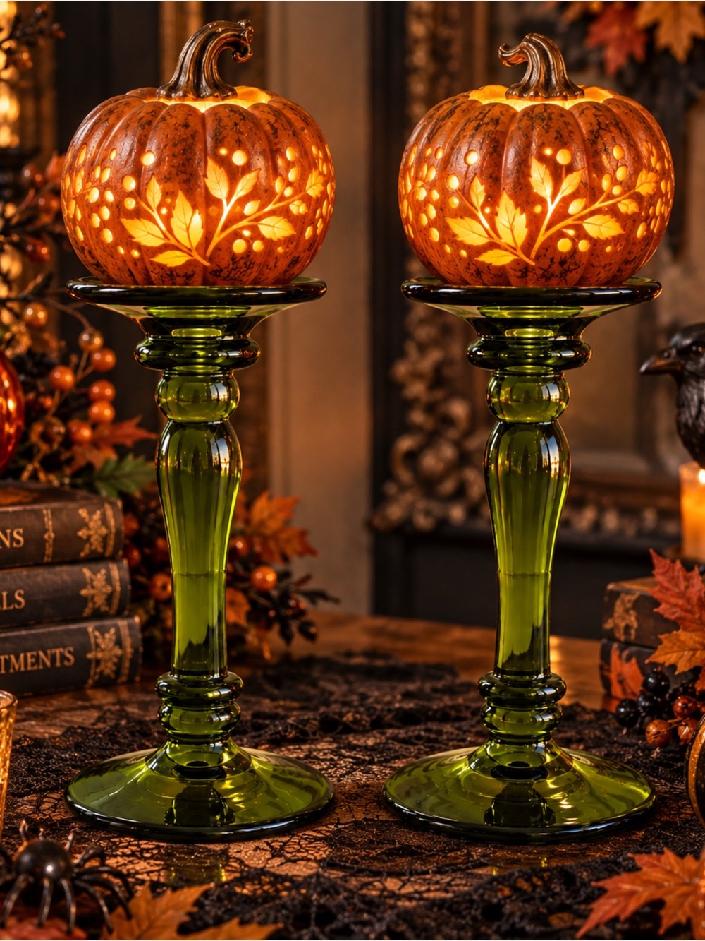 Fenton #449 Florentine Green Stretch Glass Candlesticks Pair 8½” Vintage 1920s - Picture 8 of 11